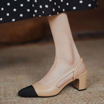 Women Chunky Heels Round Toe Two Tone Retro Splicing Office Shoes