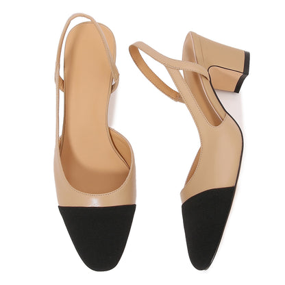 Women Chunky Heels Round Toe Two Tone Retro Splicing Office Shoes